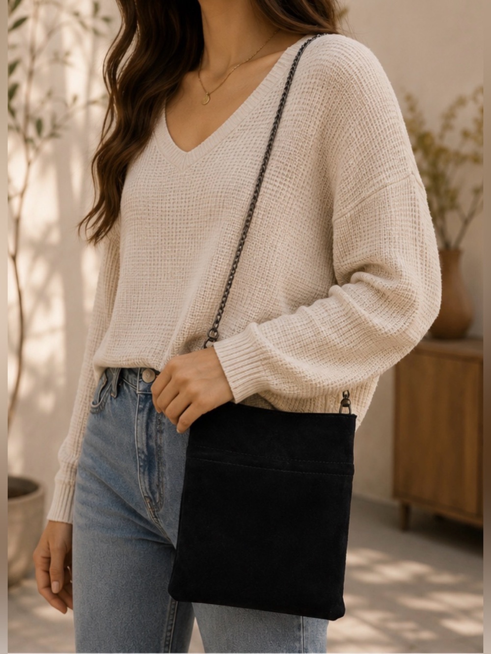 Free People Black Suede Chain Strap Crossbody Bag Boho Minimalist